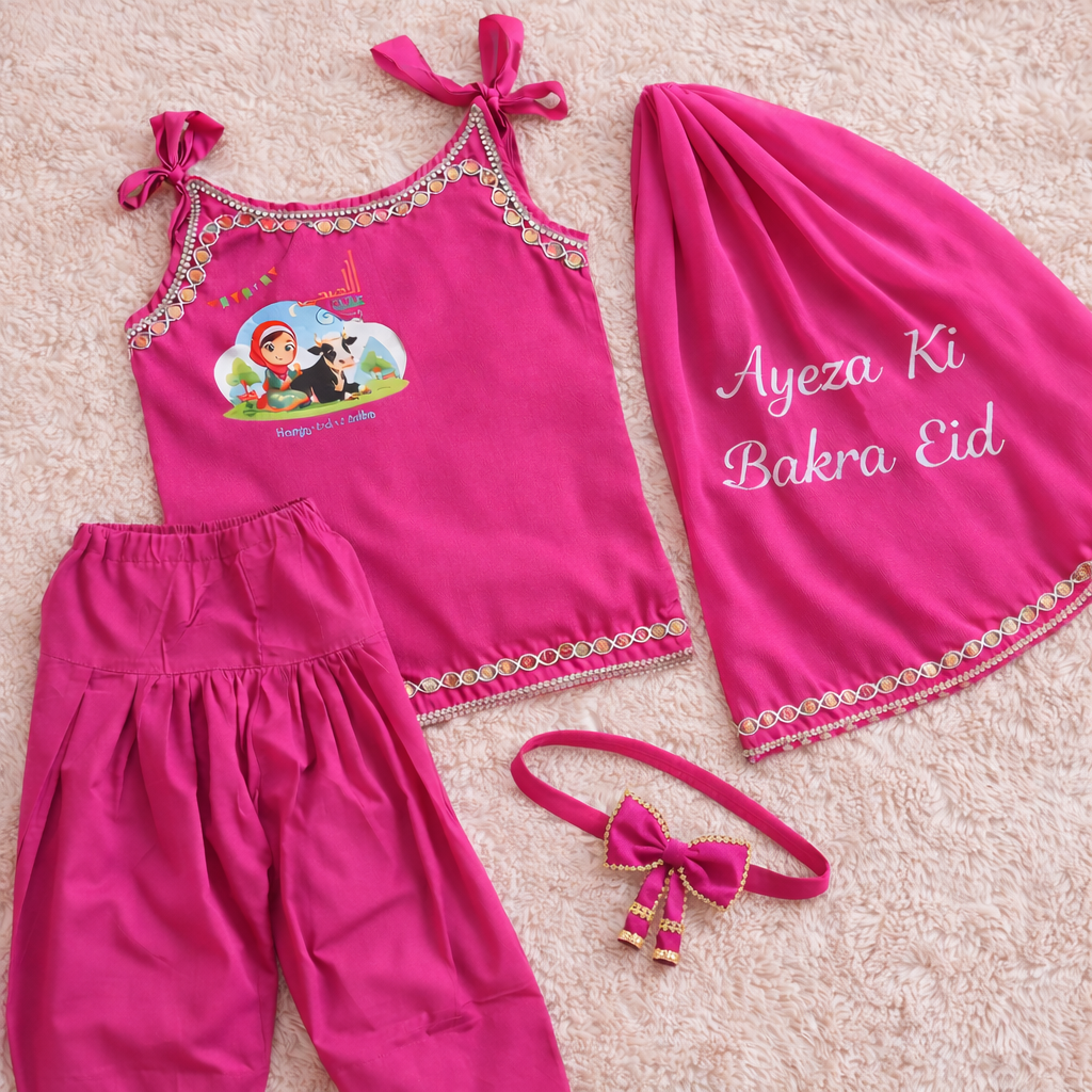 Girls Eid 4-Piece Farshi Shalwar Set – Soft Summer Cotton with Custom Name Dupatta | Includes Hairband And Is Available In Purple And Shocking Pink Color.