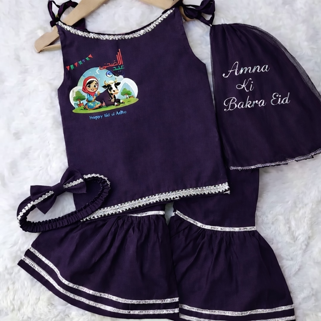Girls Eid Outfit – Soft Summer Cotton with Premium DTF Print & Custom Name Dupatta | Washable | Available in Black, Maroon & Purple