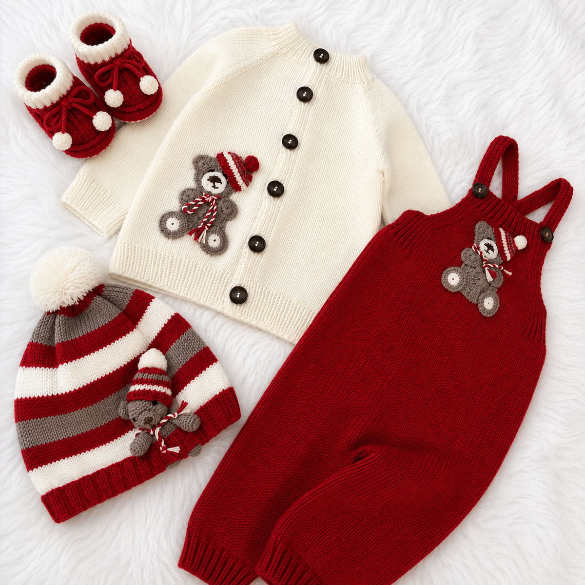 π Luxury 4 Piece Baby Winter Knitwear Set β Knit Romper, Buttoned Cardigan, Striped Pom-Pom Cap & Matching Booties | Golden & Fresh Red Collection πΆπ§ΆβοΈβ€οΈπ
