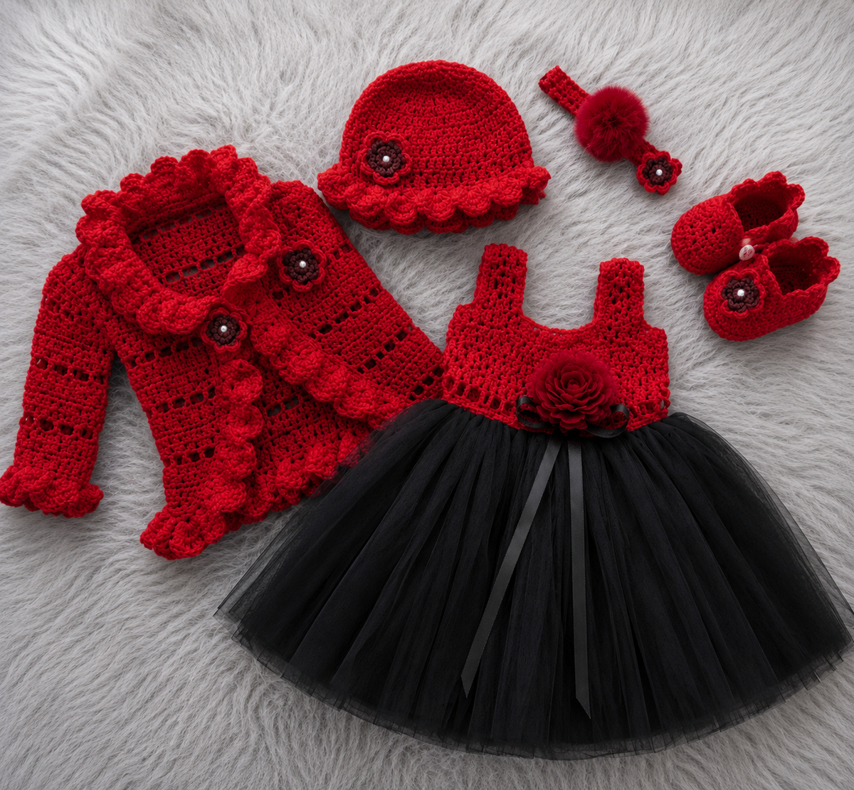 πΈ Luxury 5-Piece Baby Girls Crochet Dress Set β Crochet Dress, Ruffled Cardigan, Matching Hat, Headband & Booties | White & Red Color Collection πΆπ§Άπβ€οΈπ€