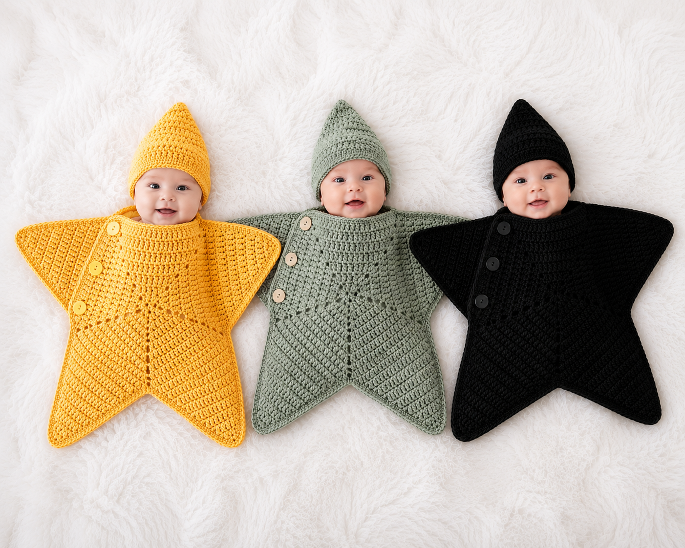 ⭐ Luxury Handmade Crochet Star Baby Cocoon with Hood – Premium Winter Collection | Available in Yellow, Black, Grey, Sky Blue & China Ferozi 👶🧶✨