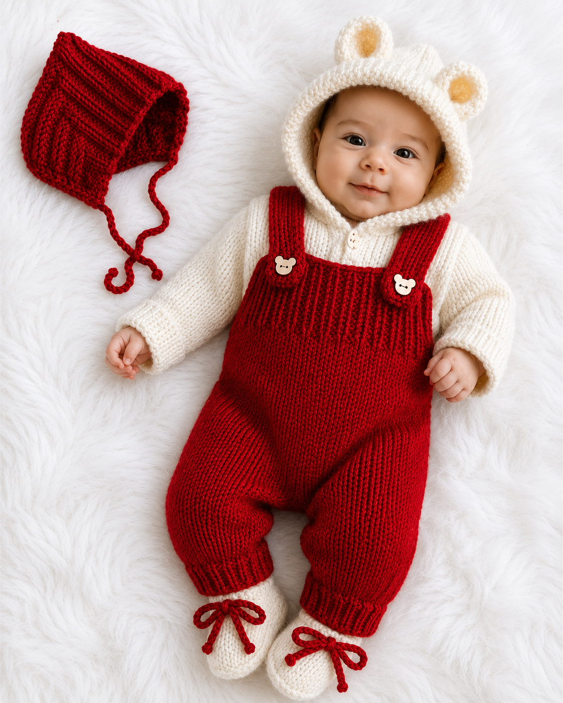 Elegant Handmade Crochet Baby Winter Set – Blood Red Romper with Bear Ear Hooded Cardigan, Shoes & Cap | Soft Premium Yarn✨🧸