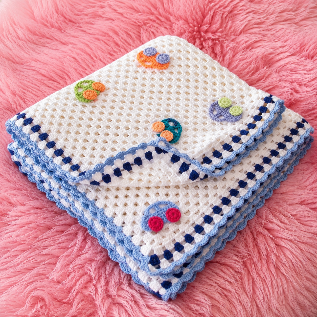 🚗 Luxury Handmade Crochet Baby Blanket – Colorful Car Appliqué Design | Premium Newborn & Toddler Blanket 👶🧶✨