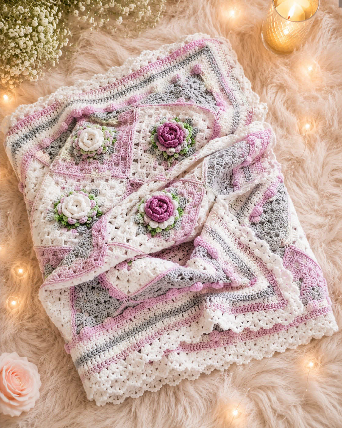 🌹 Luxury Handmade Crochet Rose Garden Baby Blanket – Premium Floral Newborn & Toddler Keepsake Blanket 👶🧶✨
