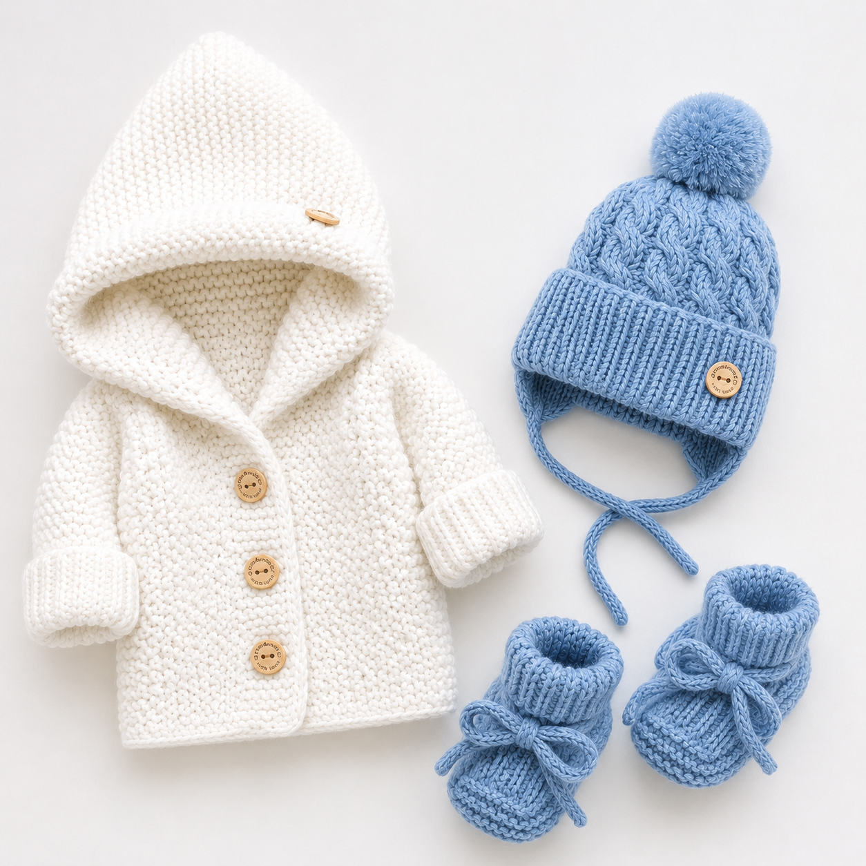 4 Piece Premium Handmade Baby Winter Woollen Set – Soft Crochet Romper, Hooded Cardigan, Cap & Baby Shoes ❄️🧶