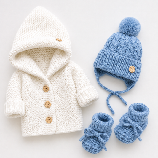 4 Piece Premium Handmade Baby Winter Woollen Set β Soft Crochet Romper, Hooded Cardigan, Cap & Baby Shoes βοΈπ§Ά