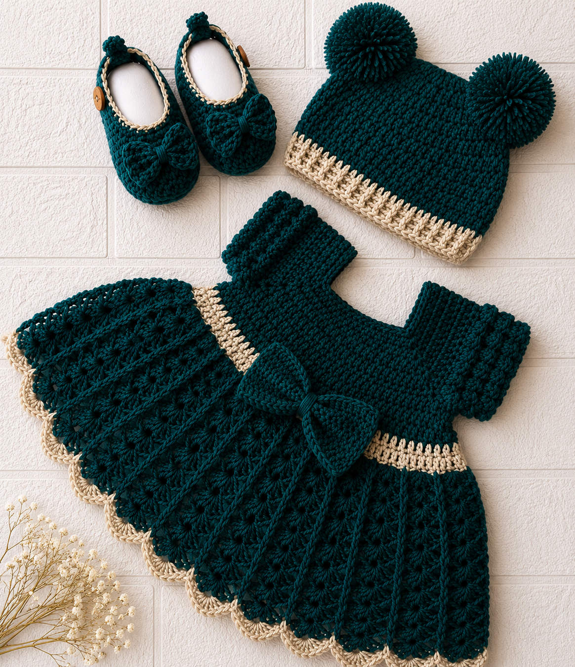 3 Piece Luxury Handmade Baby Crochet Frok Set β Maroon, Purple and Deep Green, Beige & Skin Tone 3 Piece Winter Outfit π§Άπ€π