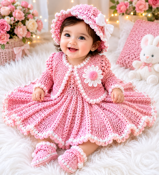 4 Piece Luxury Handmade Baby Girl Crochet Flare Frok Set β Soft Pink & White Princess Style Outfit with Frok, Cardigan, Hat & Shoes ππ§Ά