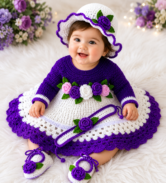 5 Piece Luxury Handmade Baby Girl Crochet Frok Set β Purple & White Floral Frok, Trouser, Hat, Shoes & Hairbandππ§Άπ