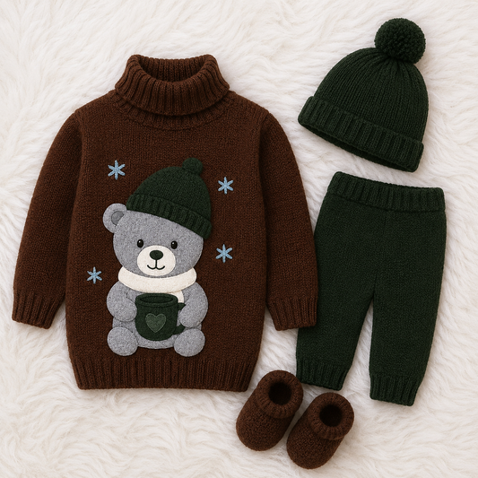 Luxury 4 Piece Baby Winter Knitwear Set β Teddy Bear Sweater, Trouser, Pom Pom Hat & Booties | Sku Blue & White, Brown & Green Collection π§ΈβοΈππ€