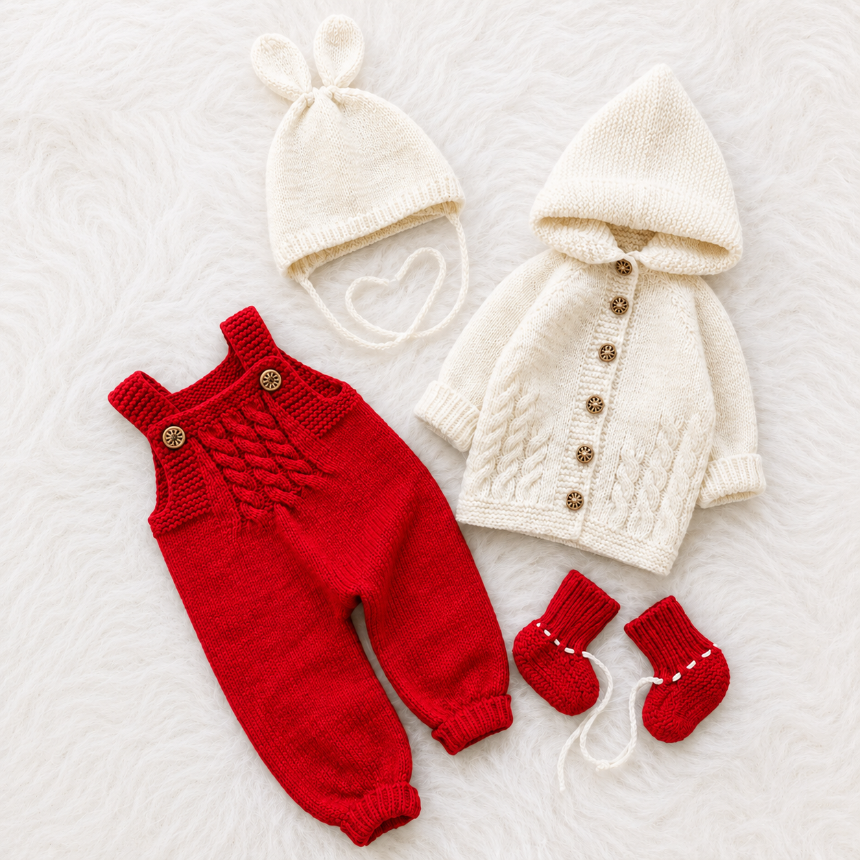 π Luxury 4 Piece Baby Winter Knitwear Set β Knit Romper, Hooded Cardigan, Bunny Ear Cap & Matching Booties | Zinc Green & Fresh Red Collection πΆπ§ΆβοΈβ€οΈπ