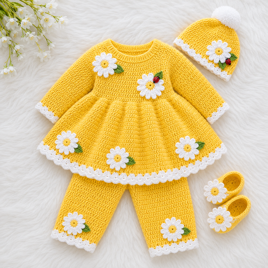 4 Piece Handmade Baby Girl Crochet Frok Set β Full Sleeves Frock, Trouser, Cap & Shoes β Daisy Yellow