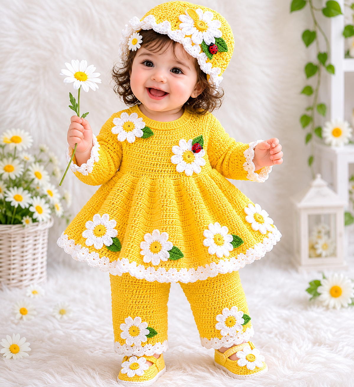 4 Piece Handmade Baby Girl Crochet Frok Set β Full Sleeves Frock, Trouser, Cap & Shoes β Daisy Yellow