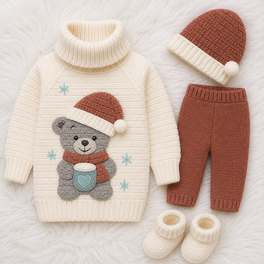 π§Έ 4 Piece Handmade Baby Winter Knit Set β Teddy Bear Sweater, Trouser, Pom Pom Cap & Matching Booties | Available in Black & Red and Brown & Off White Combos π§ΆβοΈ