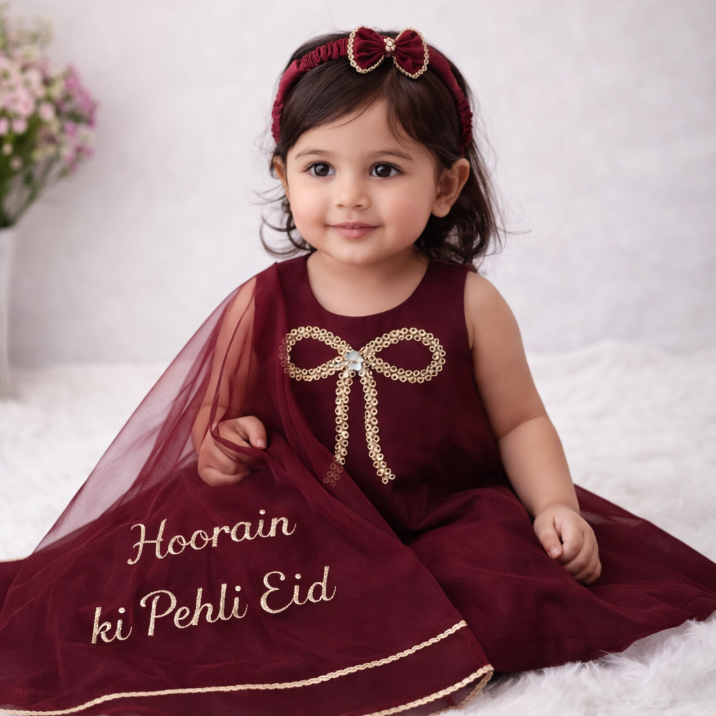Luxury Handmade Baby Dress β Custom Name Eid Outfit (Maroon, Black & Navy Blue)