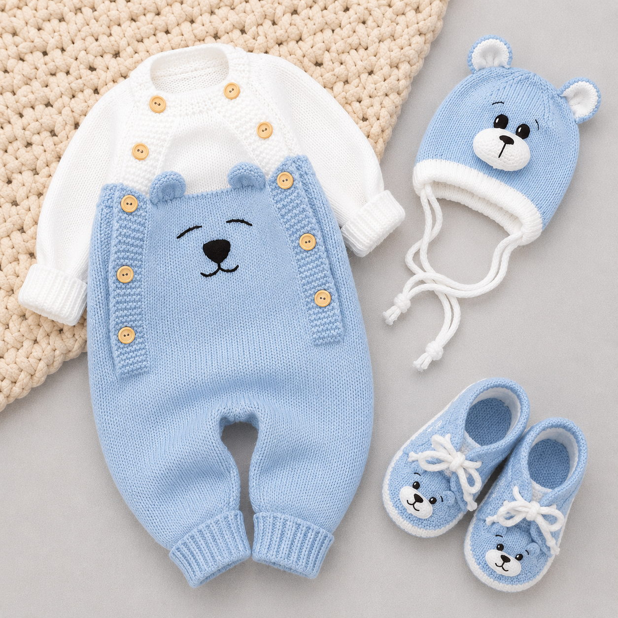 3 Piece Premium Handmade Baby Winter Woollen Set – Soft Full Body Crochet Romper with Matching Cap & Baby Shoes ❄️🧶