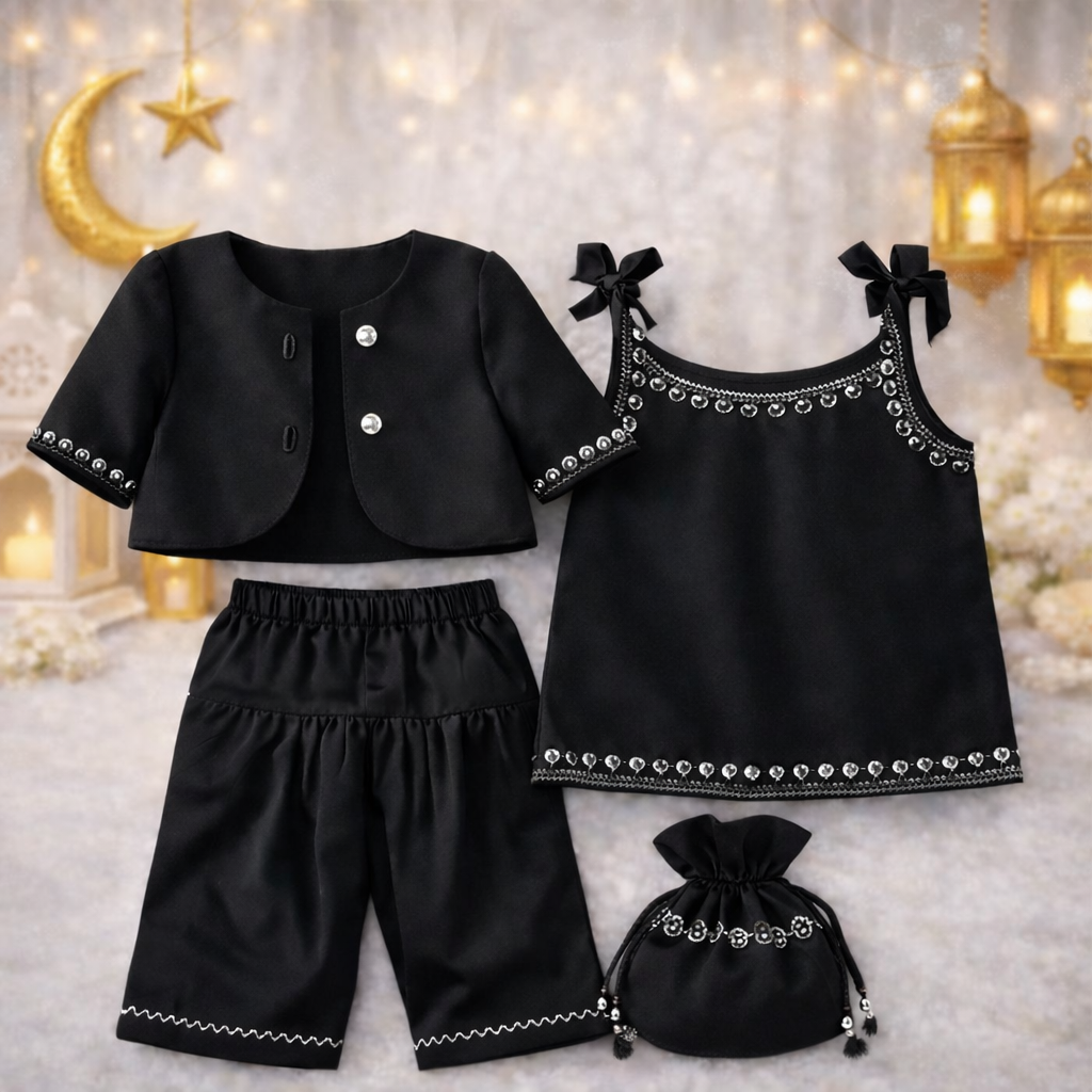 Luxury Handmade Baby Dress Set with Custom Name Dupatta β Bakra Eid Special πΆβ¨ (Available in Lilac, Purple & Black)