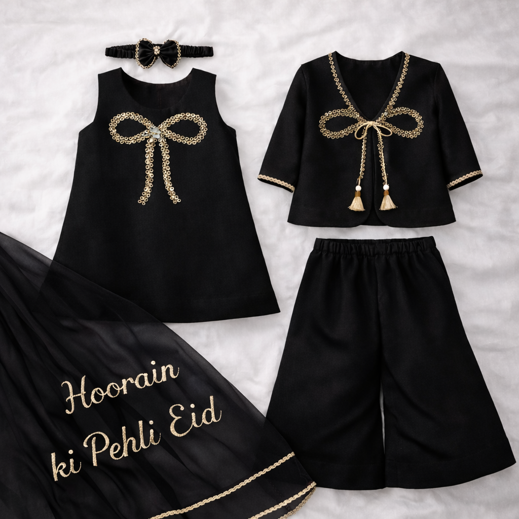 Luxury Handmade Baby Dress – Custom Name Eid Outfit (Maroon, Black & Navy Blue)