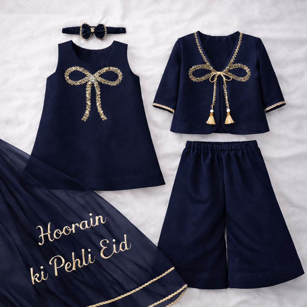 Luxury Handmade Baby Dress – Custom Name Eid Outfit (Maroon, Black & Navy Blue)