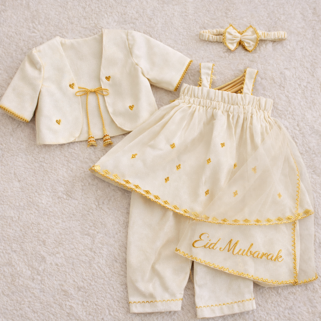 Noor Charm 4-Piece Eid Outfit for Baby Girls – Available in Maroon, Navy Blue, Baby Pink & White