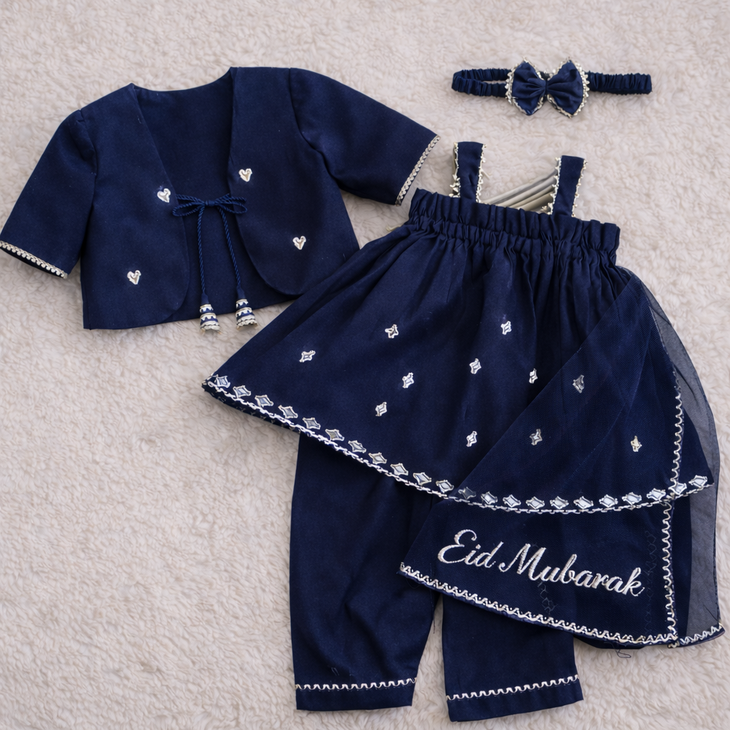 Noor Charm 4-Piece Eid Outfit for Baby Girls – Available in Maroon, Navy Blue, Baby Pink & White