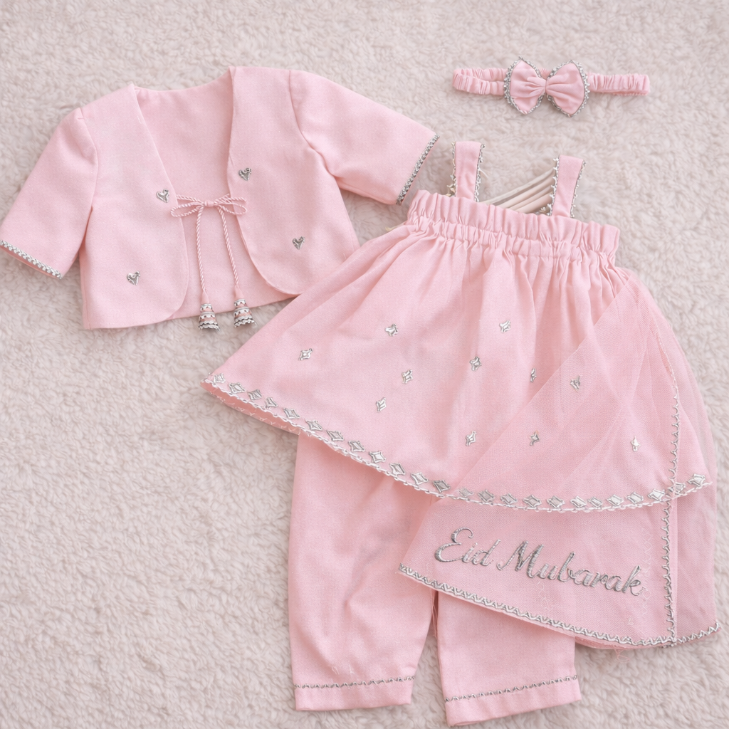 Noor Charm 4-Piece Eid Outfit for Baby Girls – Available in Maroon, Navy Blue, Baby Pink & White