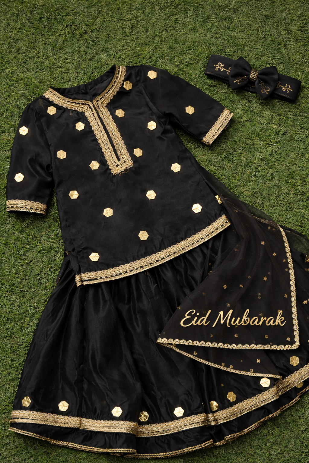 Premium Eid Kids Outfit – 4PCs Raw Silk Set with Organza Dupatta (Sky Blue, Black, Maroon)