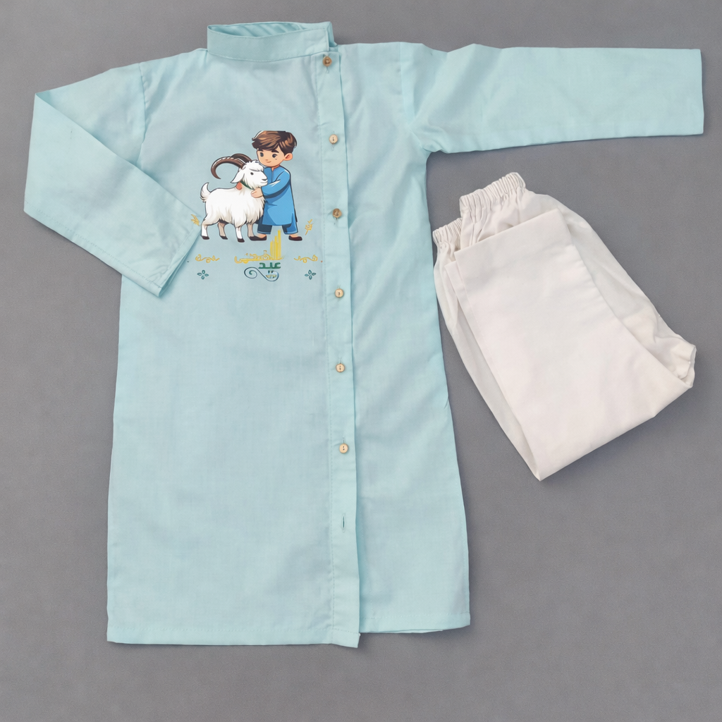 Premium Kids Kurta Set For Eid – Soft Summer Cotton with DTF Print (Washable) – Available in China Ferozi, Black & Yellow