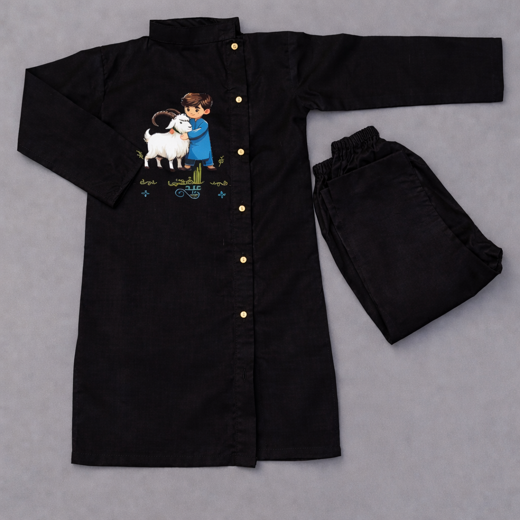 Premium Kids Kurta Set For Eid – Soft Summer Cotton with DTF Print (Washable) – Available in China Ferozi, Black & Yellow
