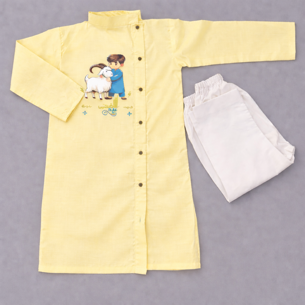 Premium Kids Kurta Set For Eid – Soft Summer Cotton with DTF Print (Washable) – Available in China Ferozi, Black & Yellow