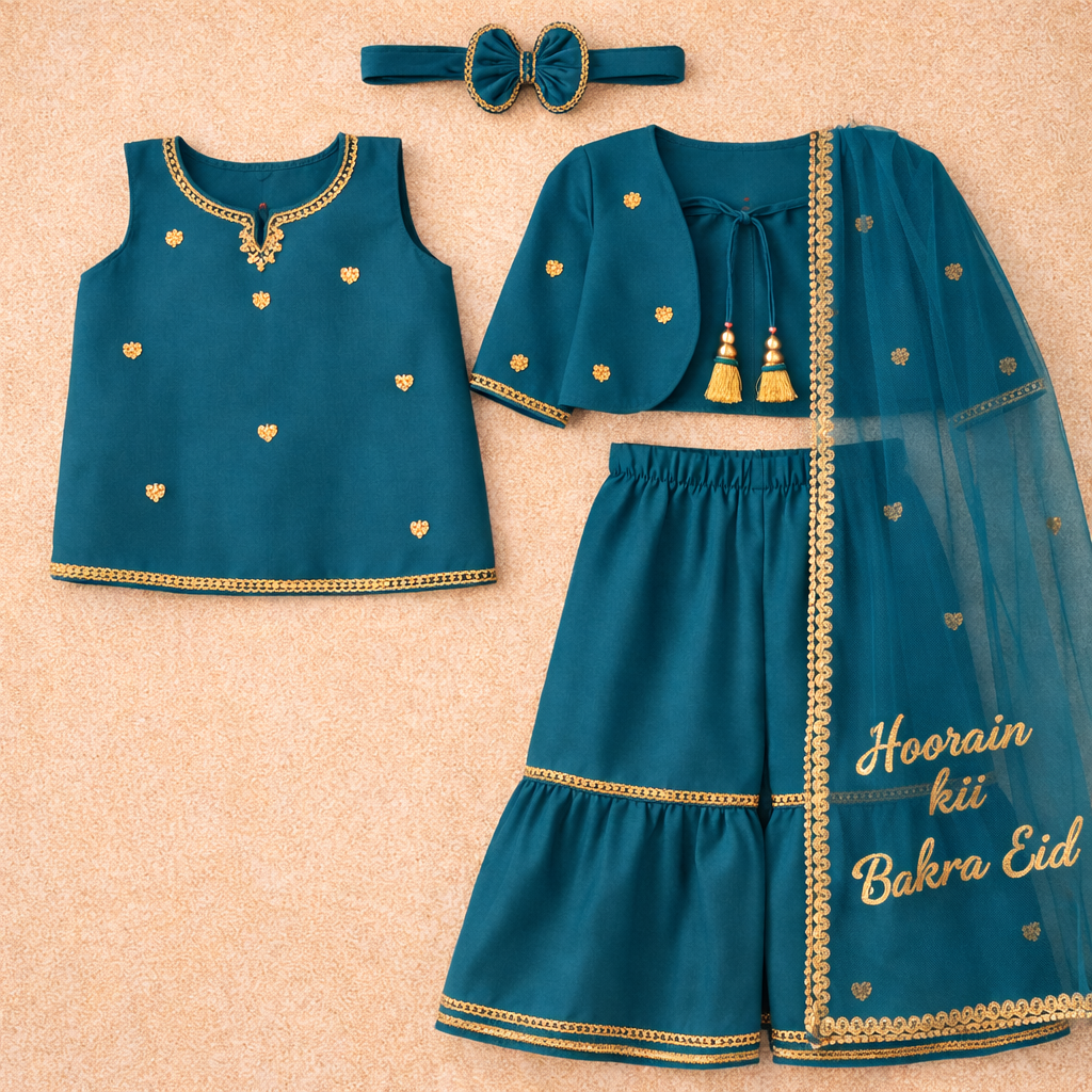 Festive Luxe Kids Outfit – 4PCs Set with Optional Customized Dupatta (Zinc, White, Red, Grey)