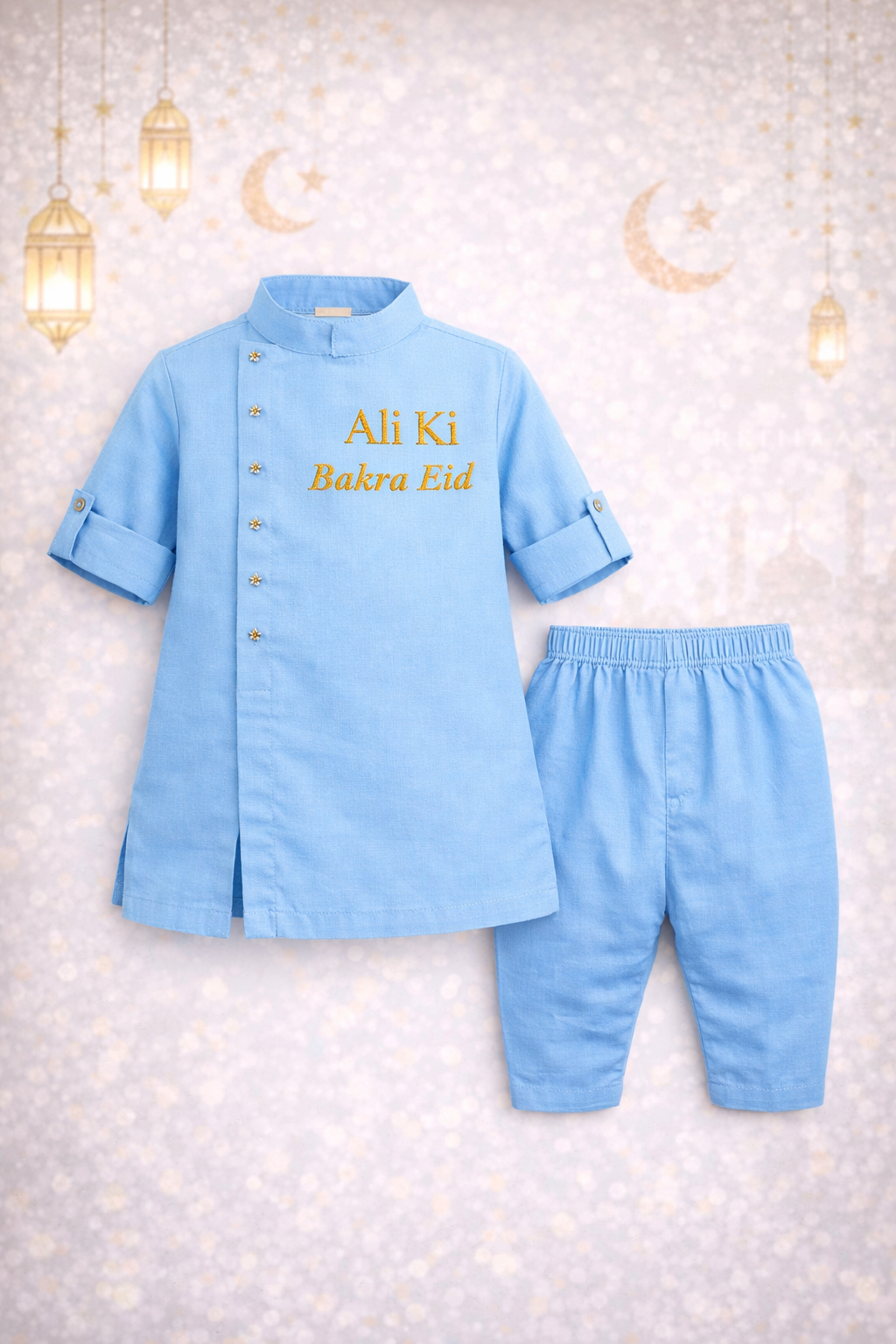 Custom Name Kids Eid Kurta Set – Soft Summer Cotton with Embroidery (Black & Sky Blue)