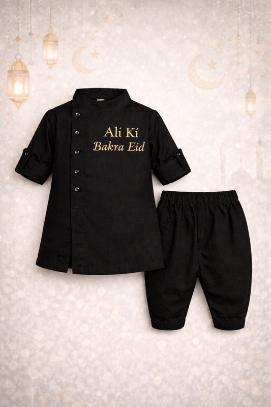 Custom Name Kids Eid Kurta Set – Soft Summer Cotton with Embroidery (Black & Sky Blue)