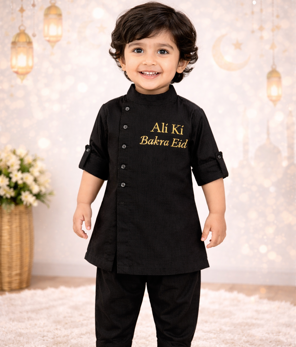 Custom Name Kids Eid Kurta Set – Soft Summer Cotton with Embroidery (Black & Sky Blue)