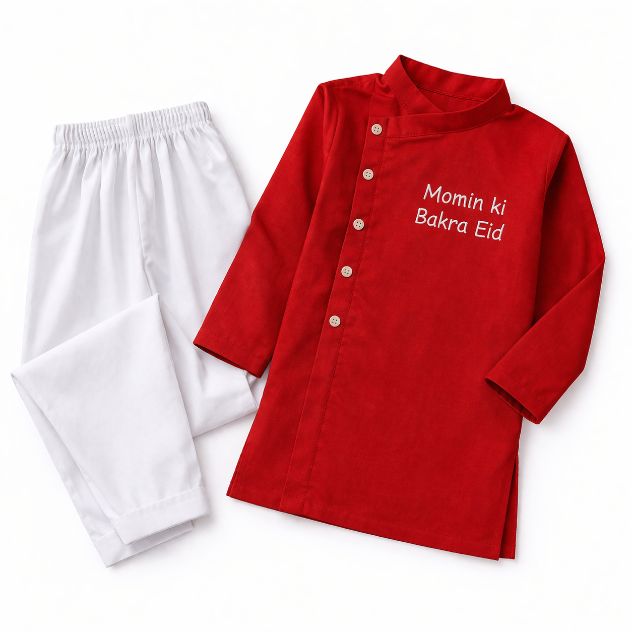 Custom Name Kids Eid Kurta Set – Pure Soft Cotton with Personalised Embroidery | Available in Red & Sky Blue
