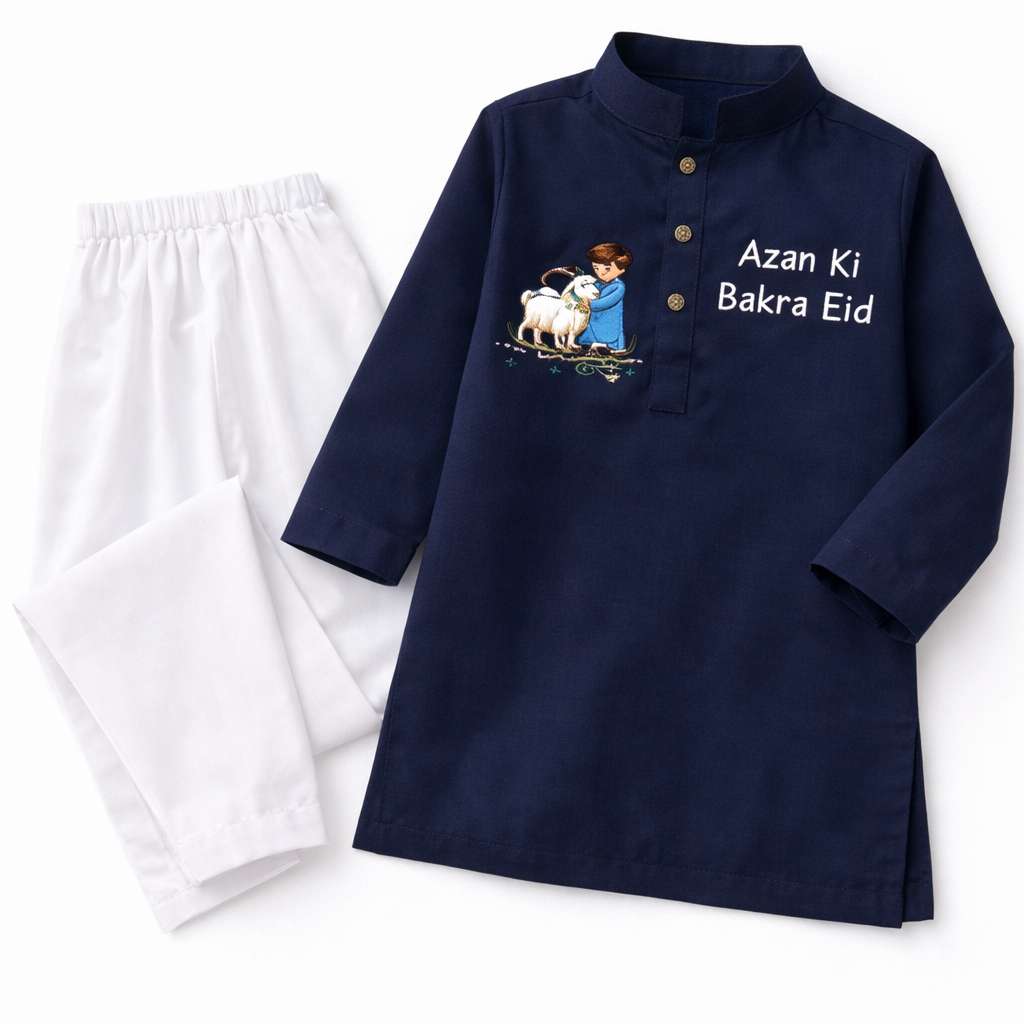 Custom Name Kids Eid Kurta Set – Pure Soft Summer Cotton with Personalised Embroidery | Available in White, Navy Blue, Golden, Green & Purple
