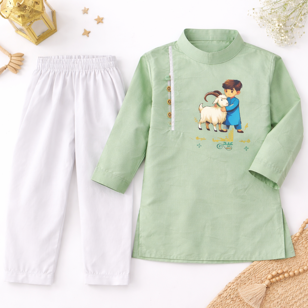 Kids Eid Kurta Set – Soft Summer Cotton with Premium DTF Print | Washable & Comfortable | Available in Pista, Navy Blue & White