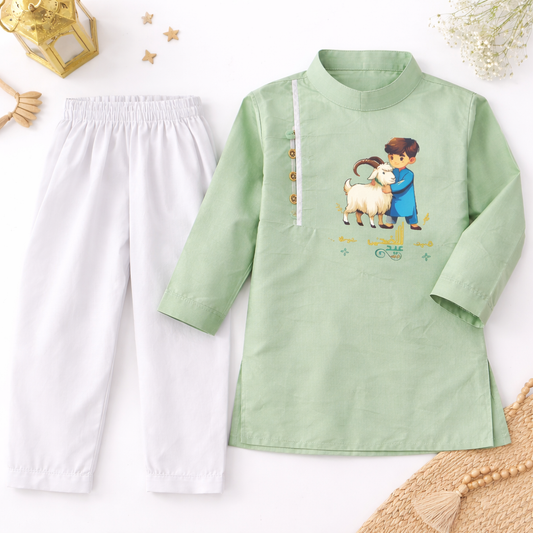 Kids Eid Kurta Set – Soft Summer Cotton with Premium DTF Print | Washable & Comfortable | Available in Pista, Navy Blue & White