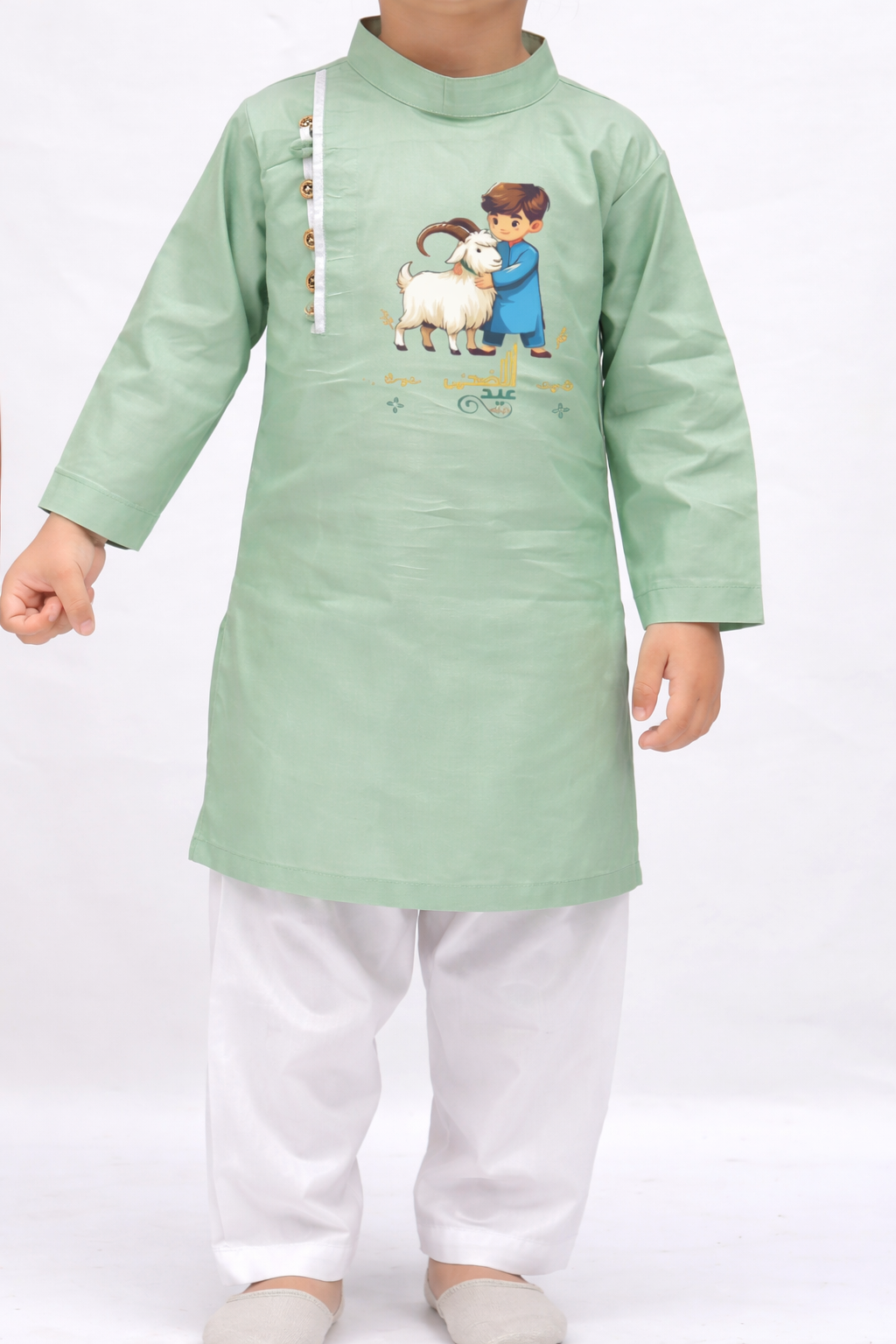 Kids Eid Kurta Set – Soft Summer Cotton with Premium DTF Print | Washable & Comfortable | Available in Pista, Navy Blue & White