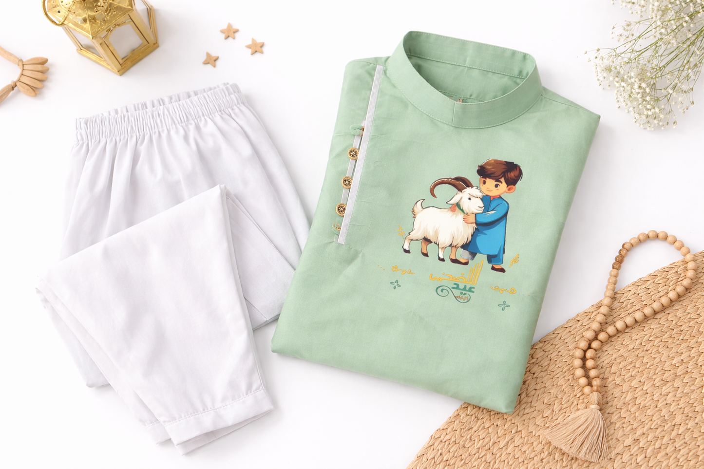 Kids Eid Kurta Set – Soft Summer Cotton with Premium DTF Print | Washable & Comfortable | Available in Pista, Navy Blue & White