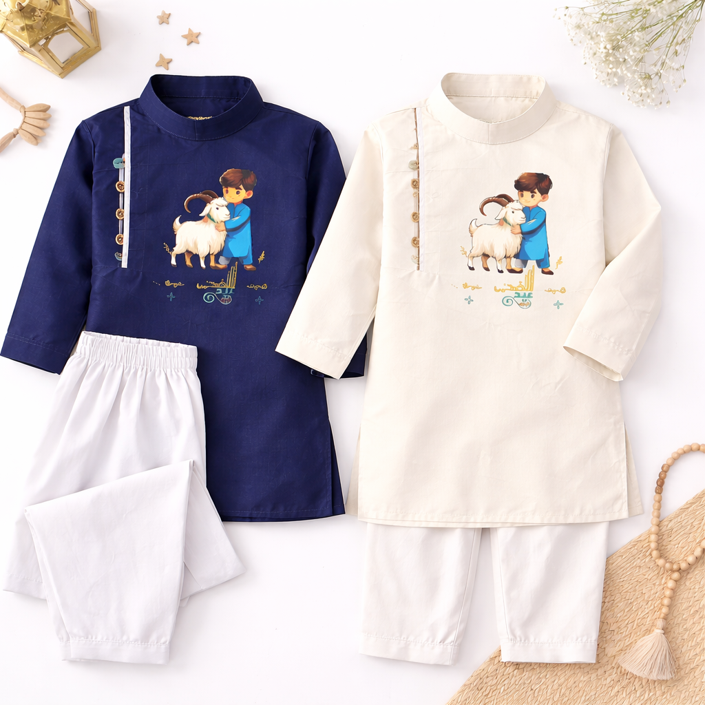 Kids Eid Kurta Set – Soft Summer Cotton with Premium DTF Print | Washable & Comfortable | Available in Pista, Navy Blue & White