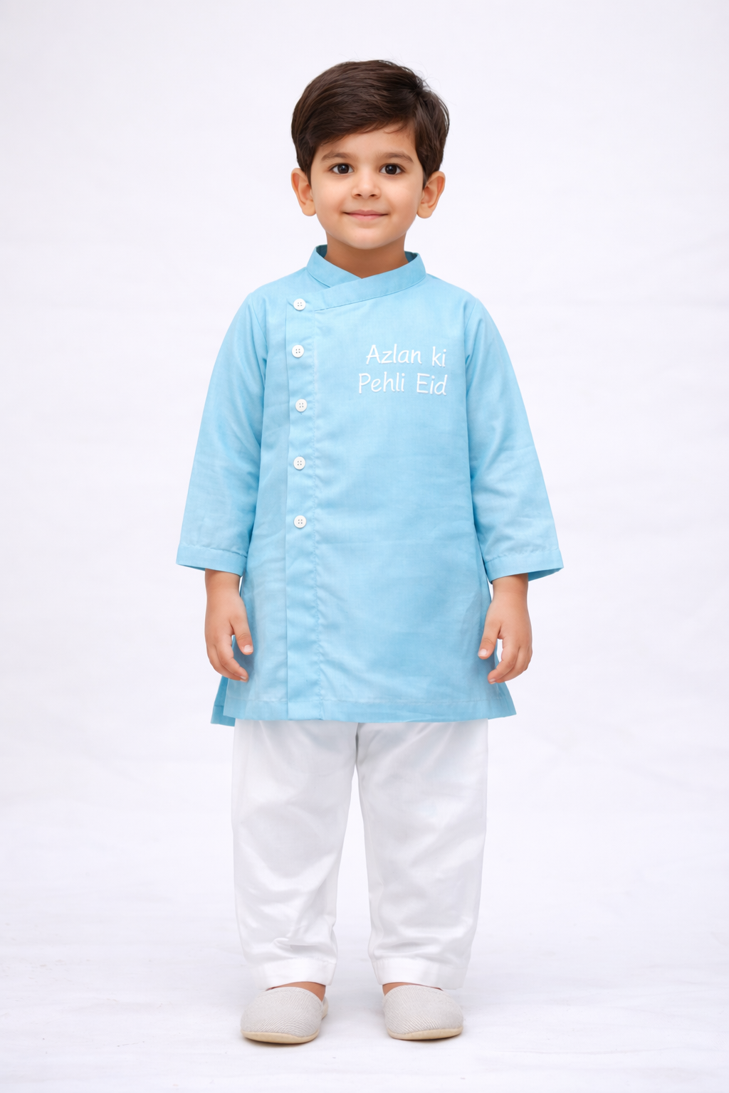Custom Name Kids Eid Kurta Set – Pure Soft Cotton with Personalised Embroidery | Available in Red & Sky Blue
