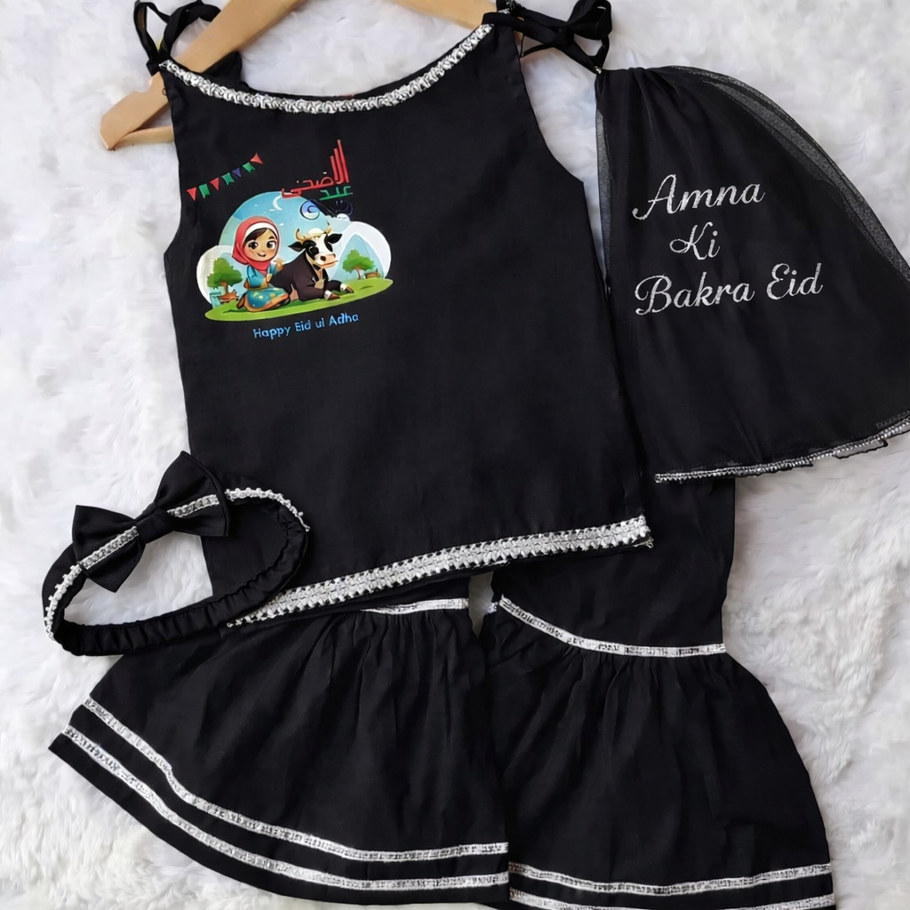 Girls Eid Outfit – Soft Summer Cotton with Premium DTF Print & Custom Name Dupatta | Washable | Available in Black, Maroon & Purple