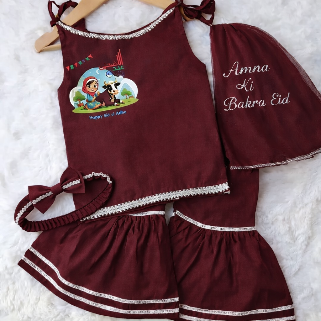 Girls Eid Outfit – Soft Summer Cotton with Premium DTF Print & Custom Name Dupatta | Washable | Available in Black, Maroon & Purple