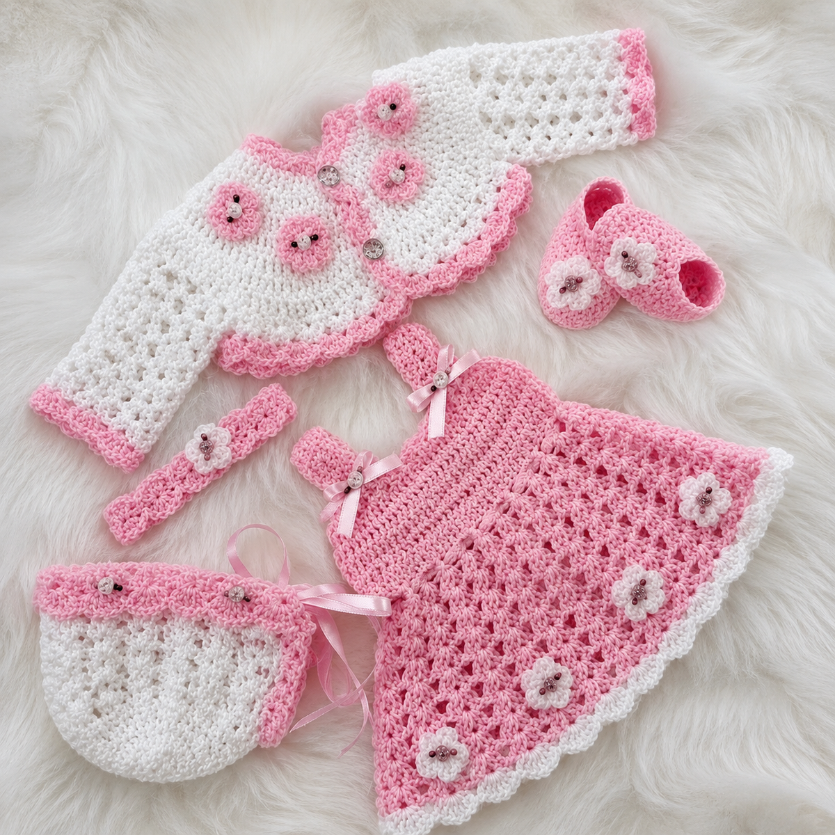5-Piece Luxury Handmade Baby Girl Crochet Flare Frock Set – Frock, Cardigan, Shoes, Headband & Cap | Pink, Red, Lilac & Lemon Yellow 🎀🧶