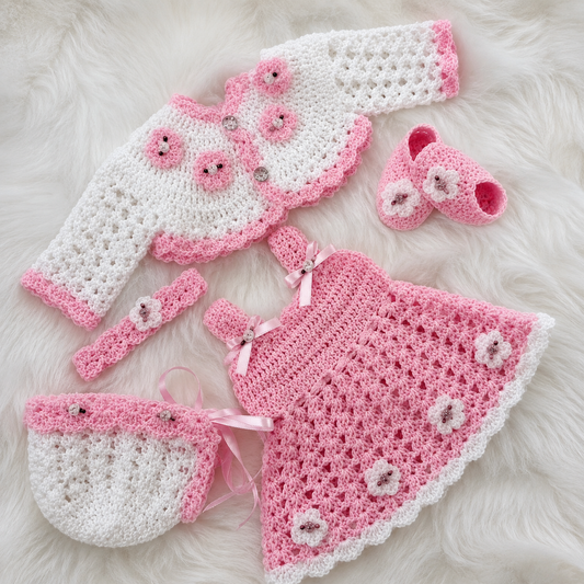 5-Piece Luxury Handmade Baby Girl Crochet Flare Frock Set – Frock, Cardigan, Shoes, Headband & Cap | Pink, Red, Lilac & Lemon Yellow 🎀🧶