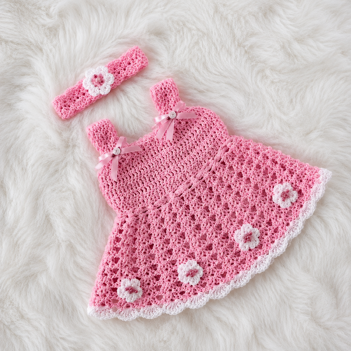 5-Piece Luxury Handmade Baby Girl Crochet Flare Frock Set – Frock, Cardigan, Shoes, Headband & Cap | Pink, Red, Lilac & Lemon Yellow 🎀🧶