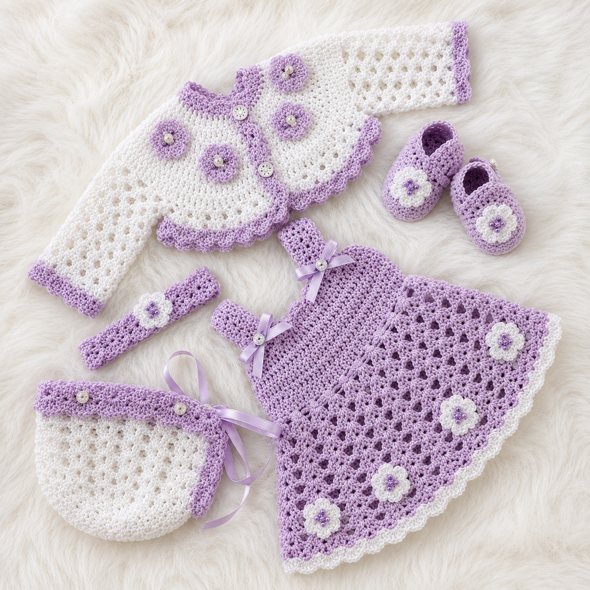 5-Piece Luxury Handmade Baby Girl Crochet Flare Frock Set – Frock, Cardigan, Shoes, Headband & Cap | Pink, Red, Lilac & Lemon Yellow 🎀🧶