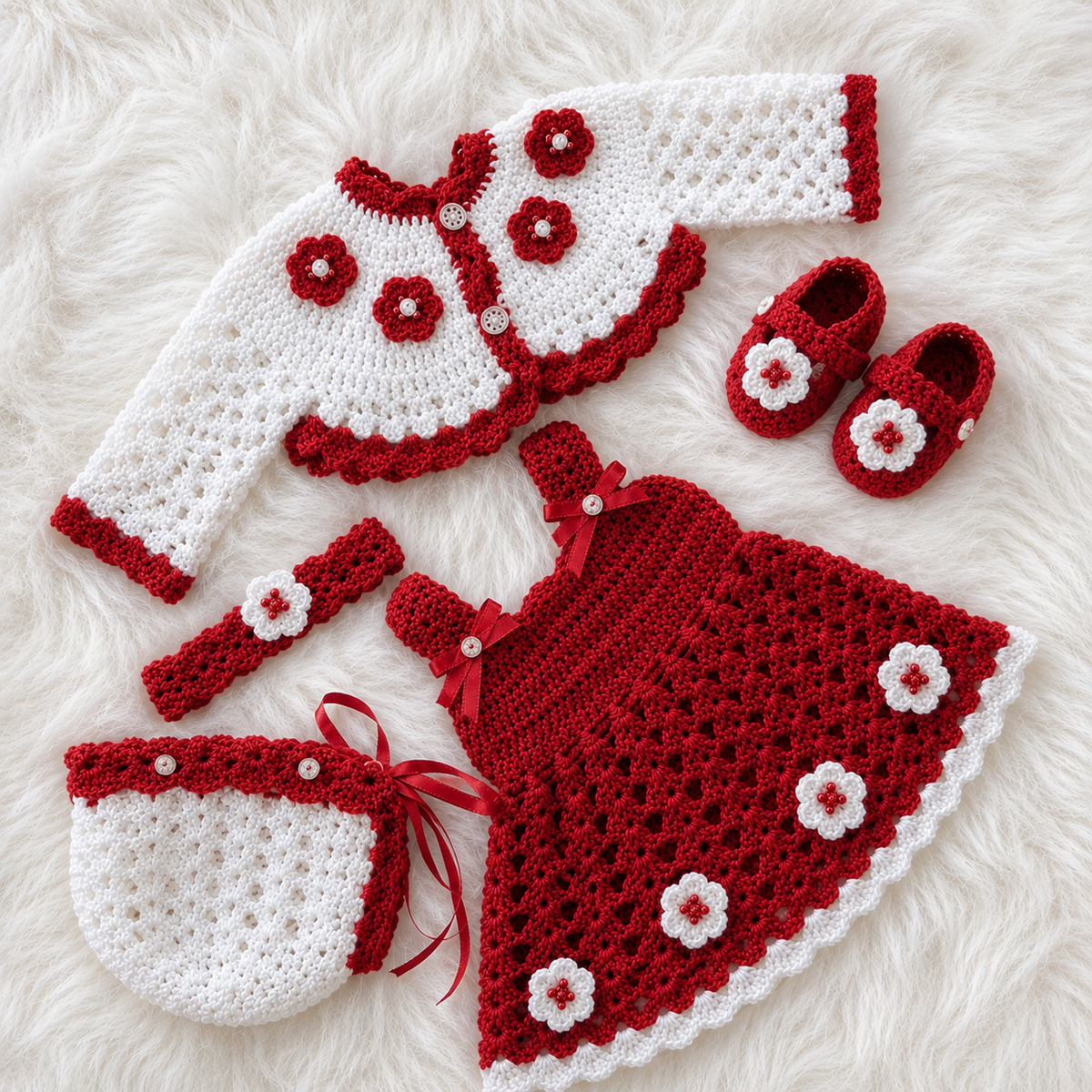 5-Piece Luxury Handmade Baby Girl Crochet Flare Frock Set – Frock, Cardigan, Shoes, Headband & Cap | Pink, Red, Lilac & Lemon Yellow 🎀🧶