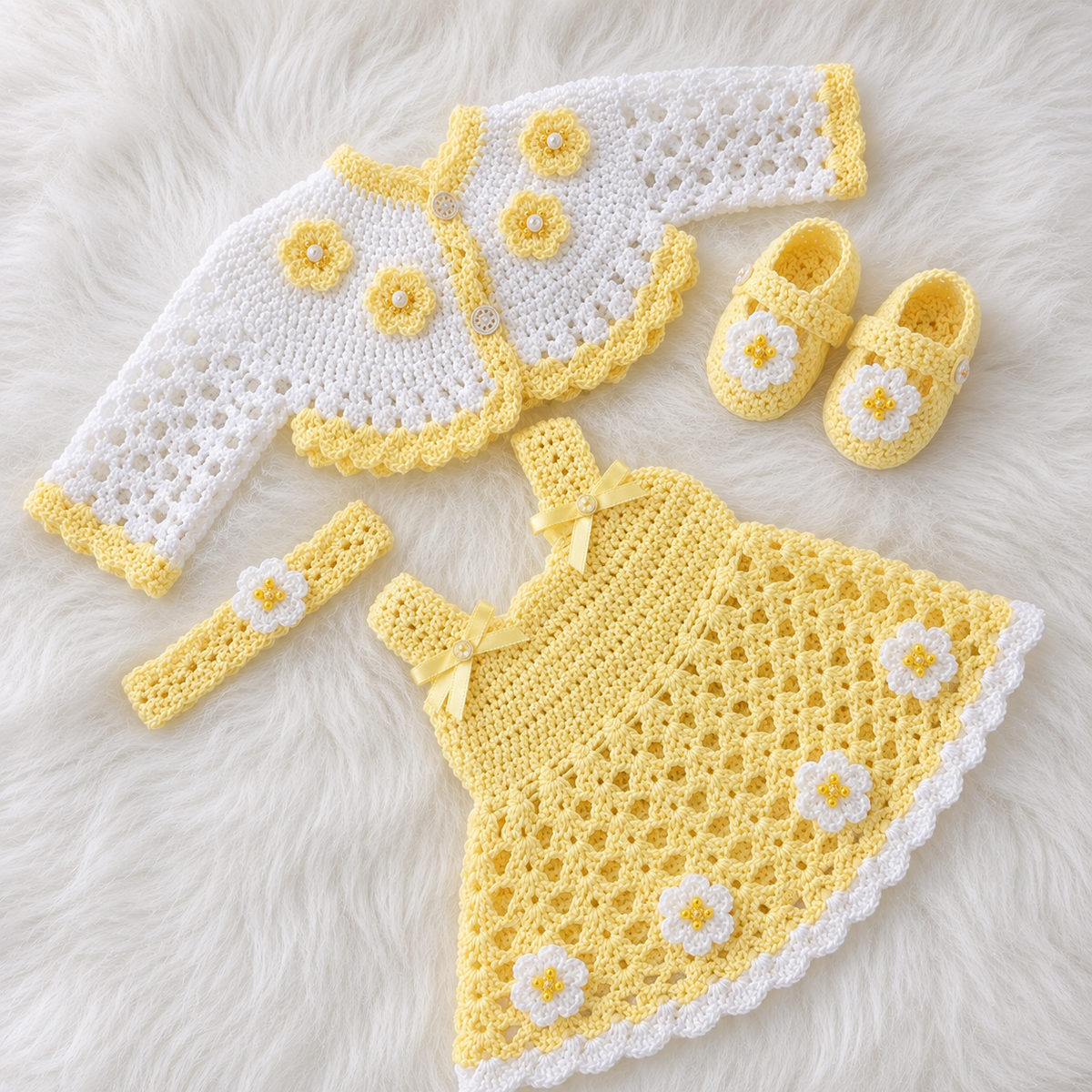 5-Piece Luxury Handmade Baby Girl Crochet Flare Frock Set – Frock, Cardigan, Shoes, Headband & Cap | Pink, Red, Lilac & Lemon Yellow 🎀🧶